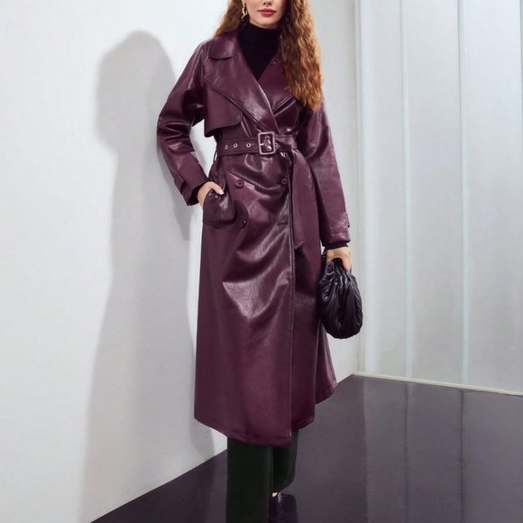 PURPLE PREPPY WOMENS PU LEATHER BELTED TRENCH COATS - Picture 5 of 5